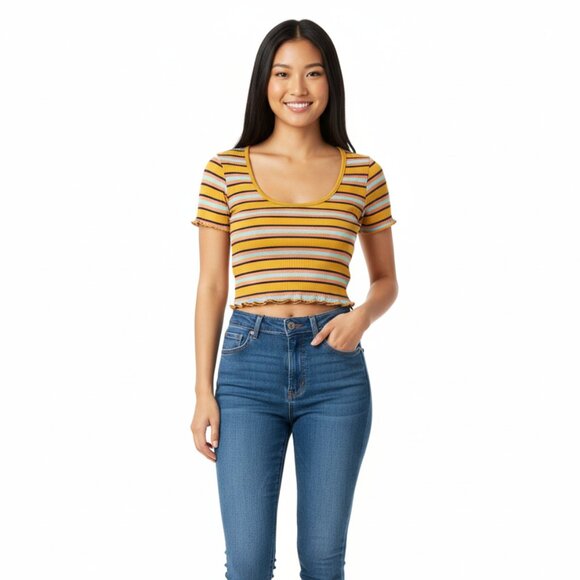 Zara Trafaluc Ribbed Striped Crop Top | Mustard Yellow Retro Tee | Size S - Picture 1 of 7